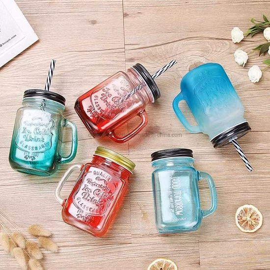 Botella de cristal del yogur de la bebida de la taza del jugo de fruta 500ml con la manija y la paja